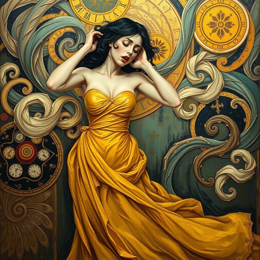 Distressed Woman in Gold Gown, Ornate Symbolic Style