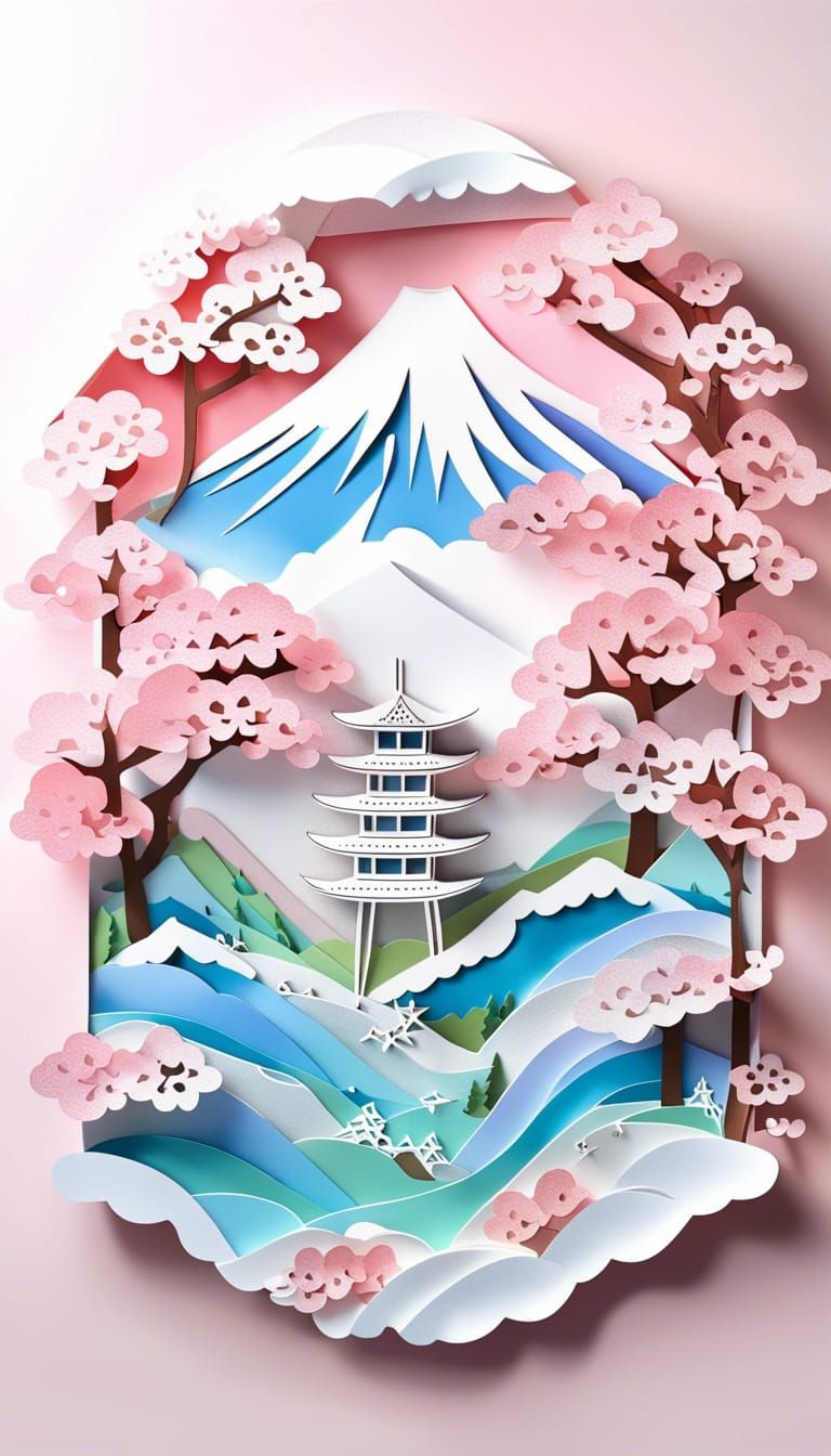 Mount Fuji Kirigami in Thomas Kinkade Style