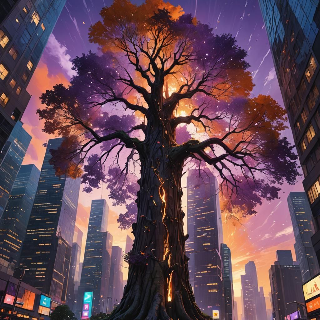 Glowing Tree Dominates Metropolis: Vibrant Oil Painting