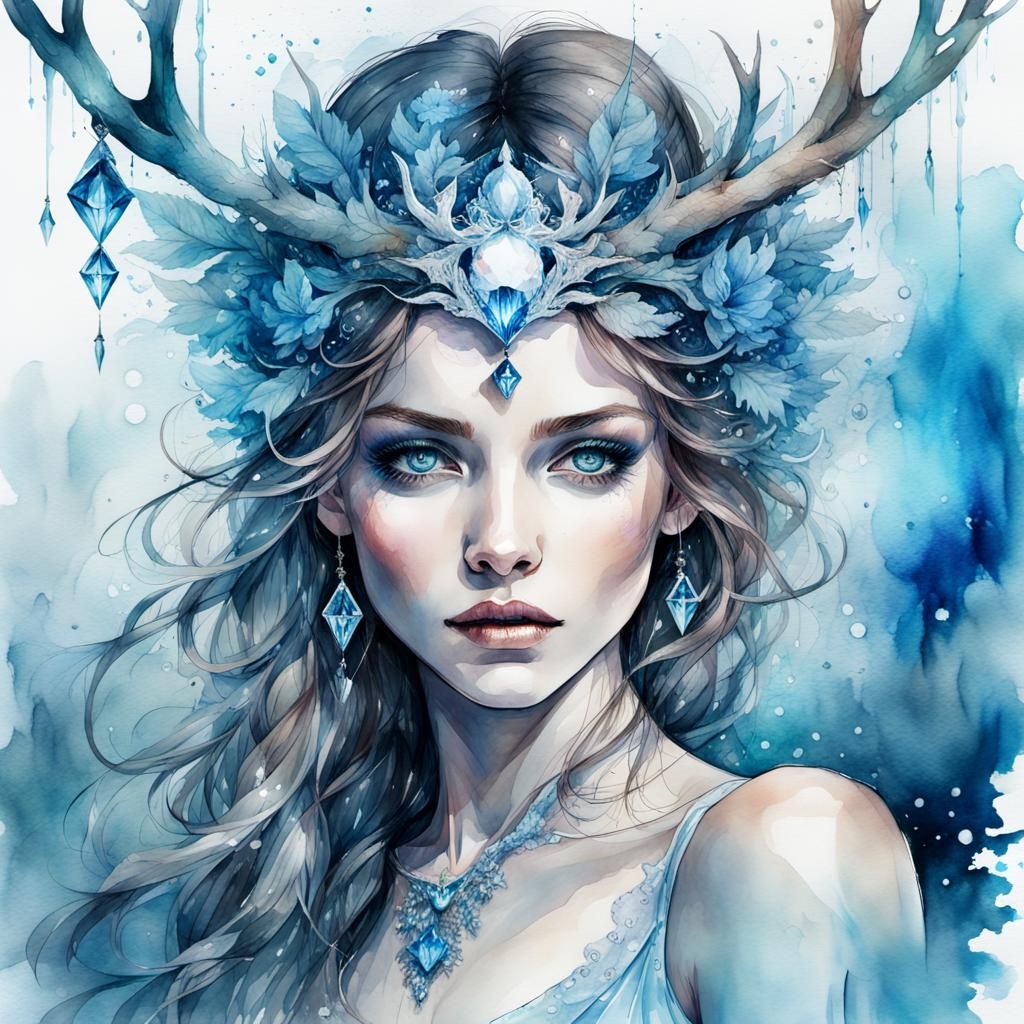 Mystical Woman with Antlers in Watercolor Style