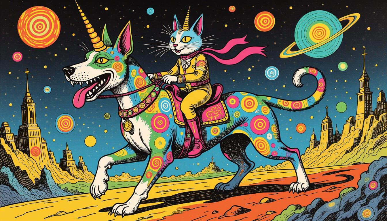 Psychedelic Cat Riding a Unicorn Dog, Etched Ink Drawing