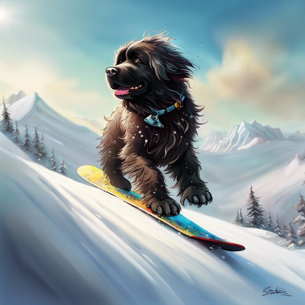 Newfoundland Dog Snowboarding Down Mountain in Vibrant Color...
