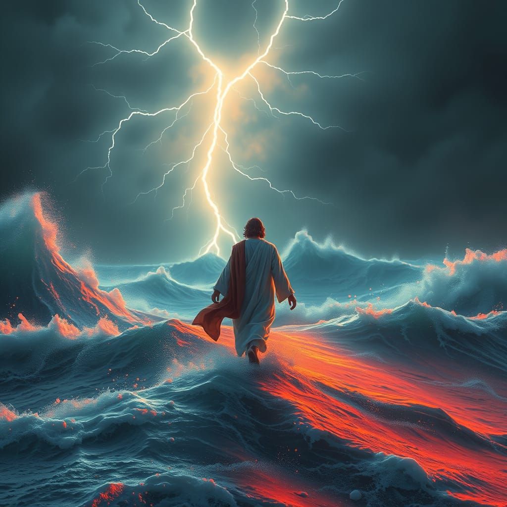 Jesus Walks on Water in Storm, Digital Art