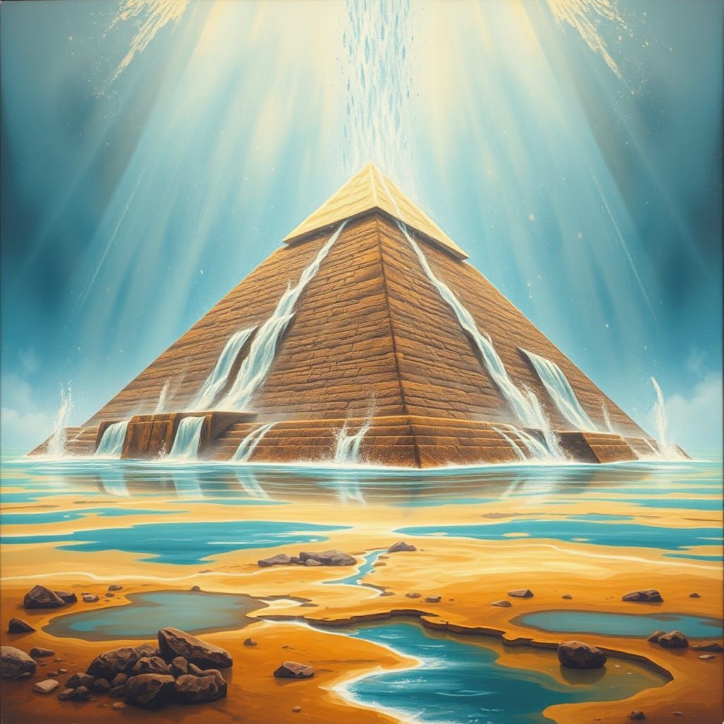Golden Pyramid Soars Amidst a Vast Turquoise Lake