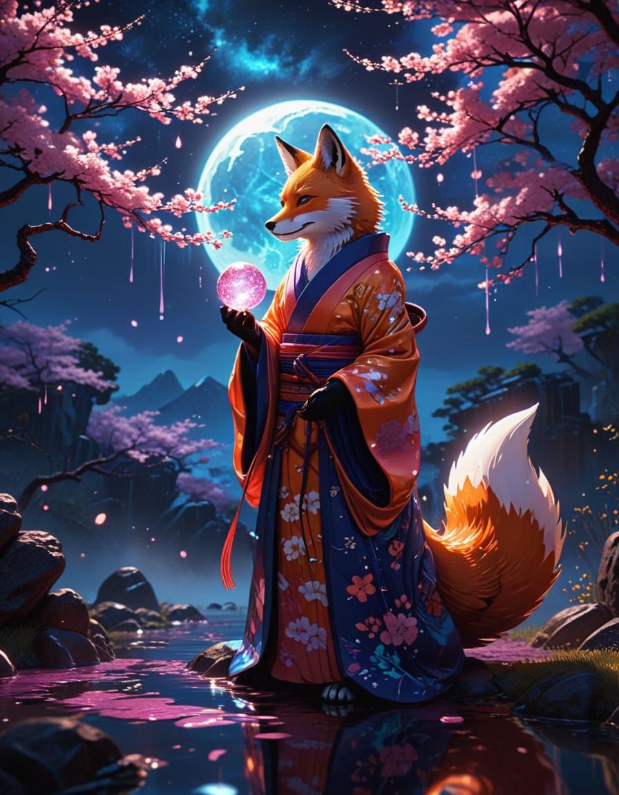 Surreal Kitsune Fox in Cherry Blossom Paradise