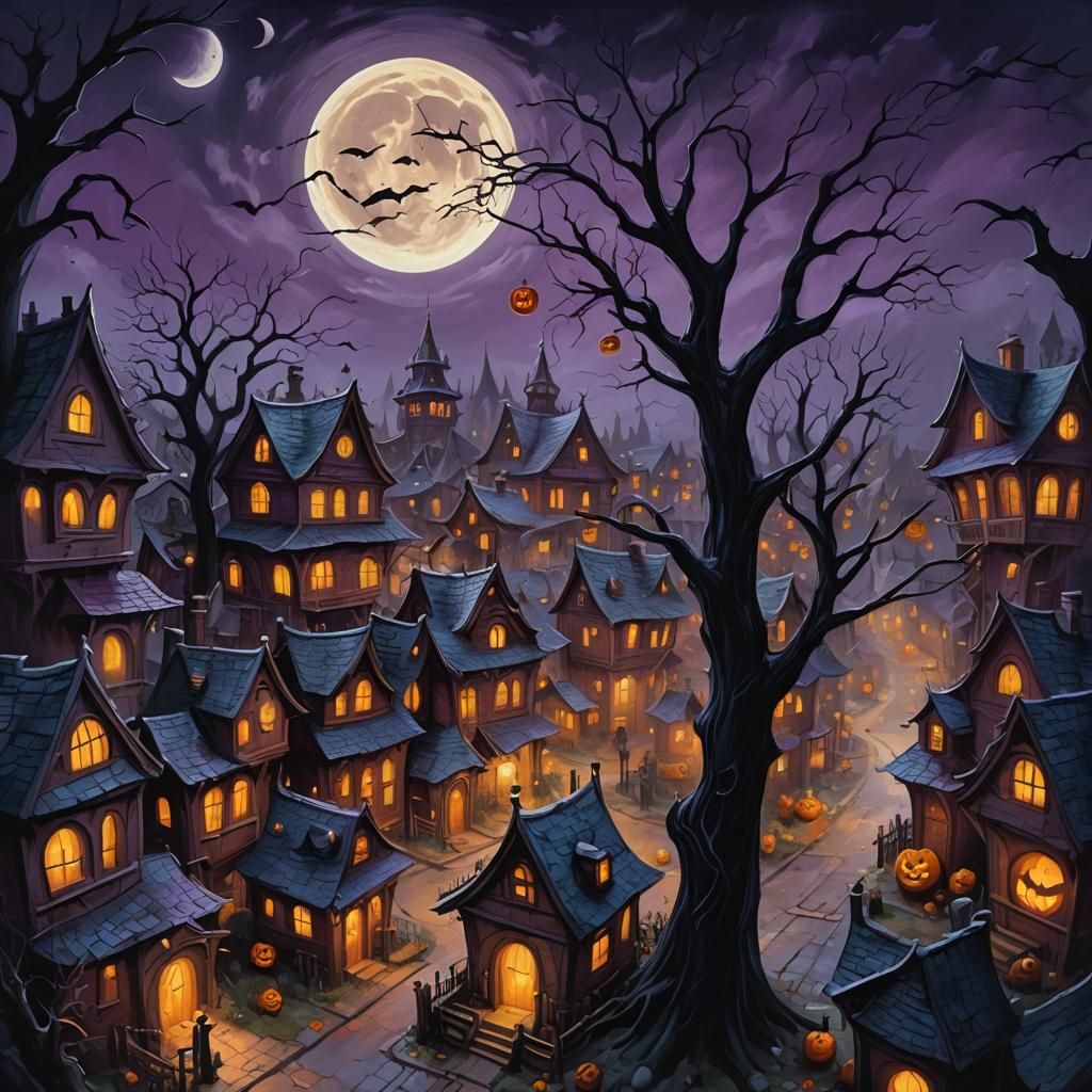 Creepy Halloween Town at Night in Oil Painting Style