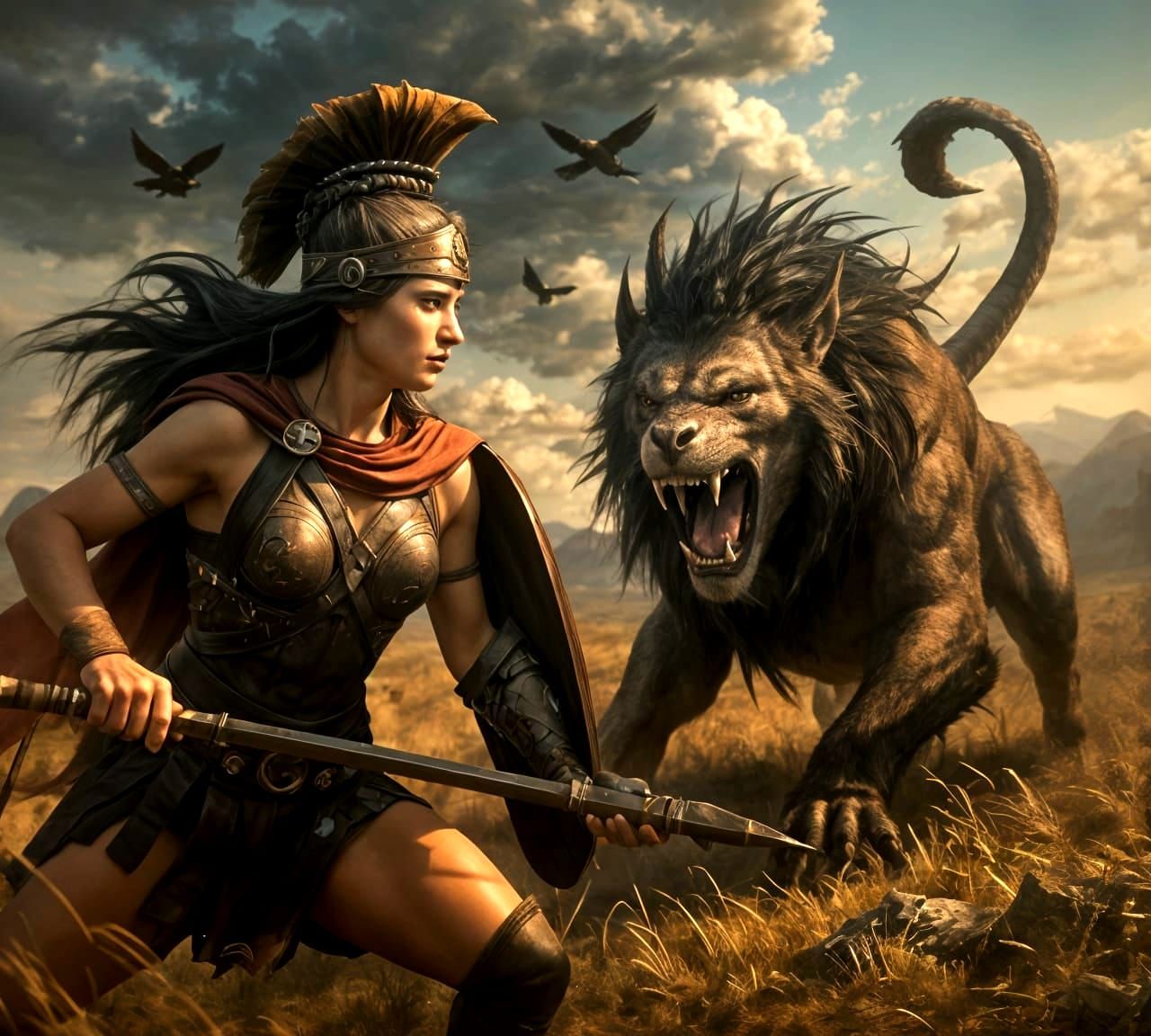 Amazon Warrior Battles Manticore: Hyperrealistic Splash Art
