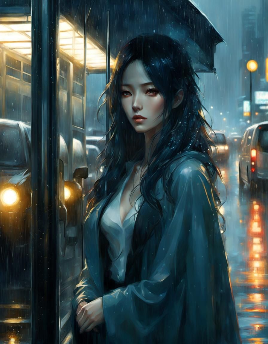Rainy Day Anime: Woman at Bus Stop