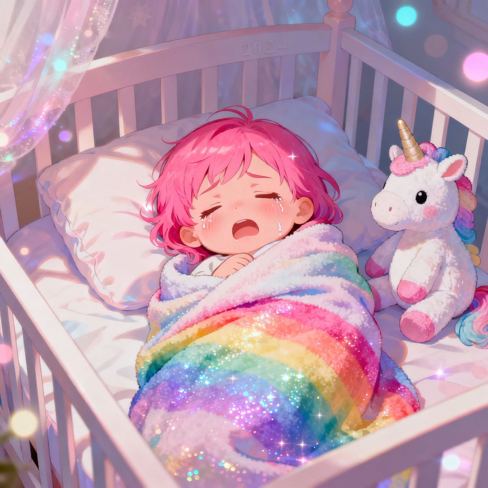 Anime Style Baby Girl in Rainbow Blanket with Unicorn