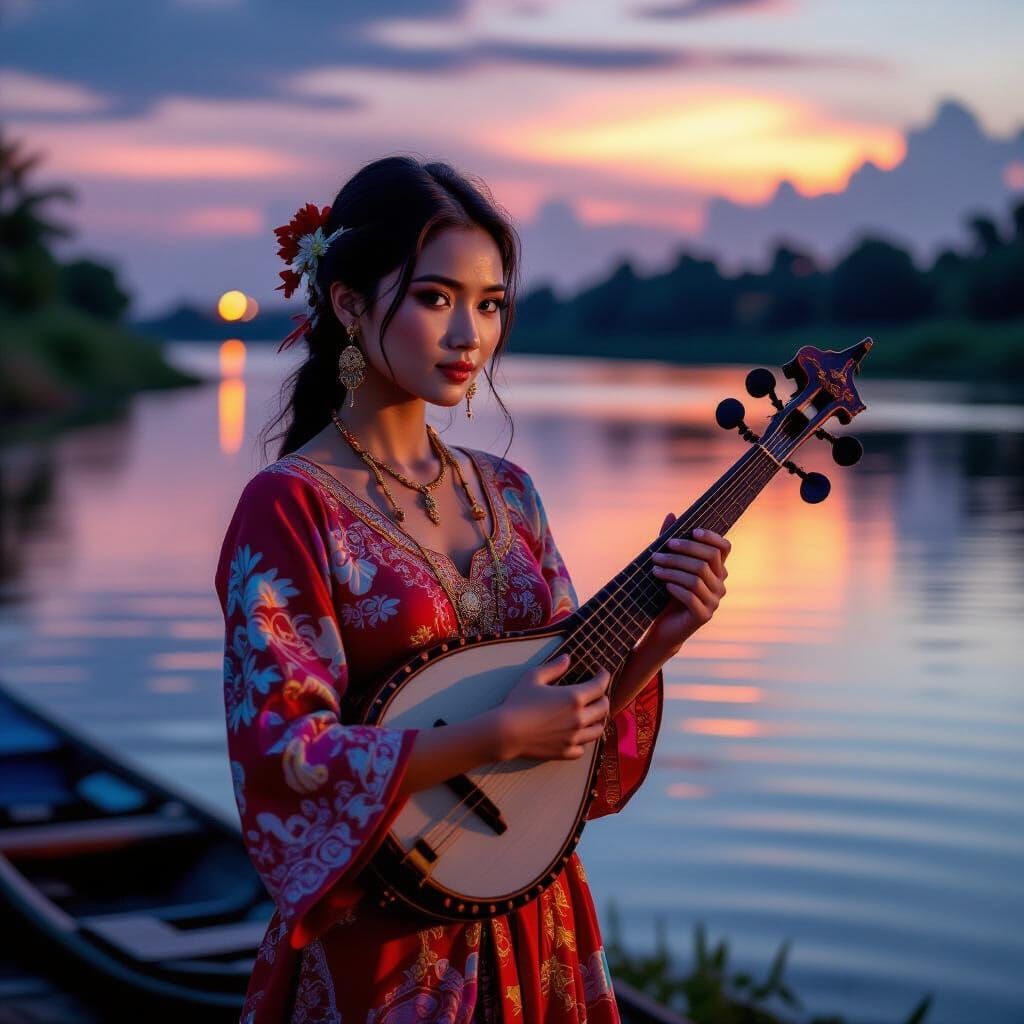 Cambodian Woman with Instrument at Dusk, Digital Painting