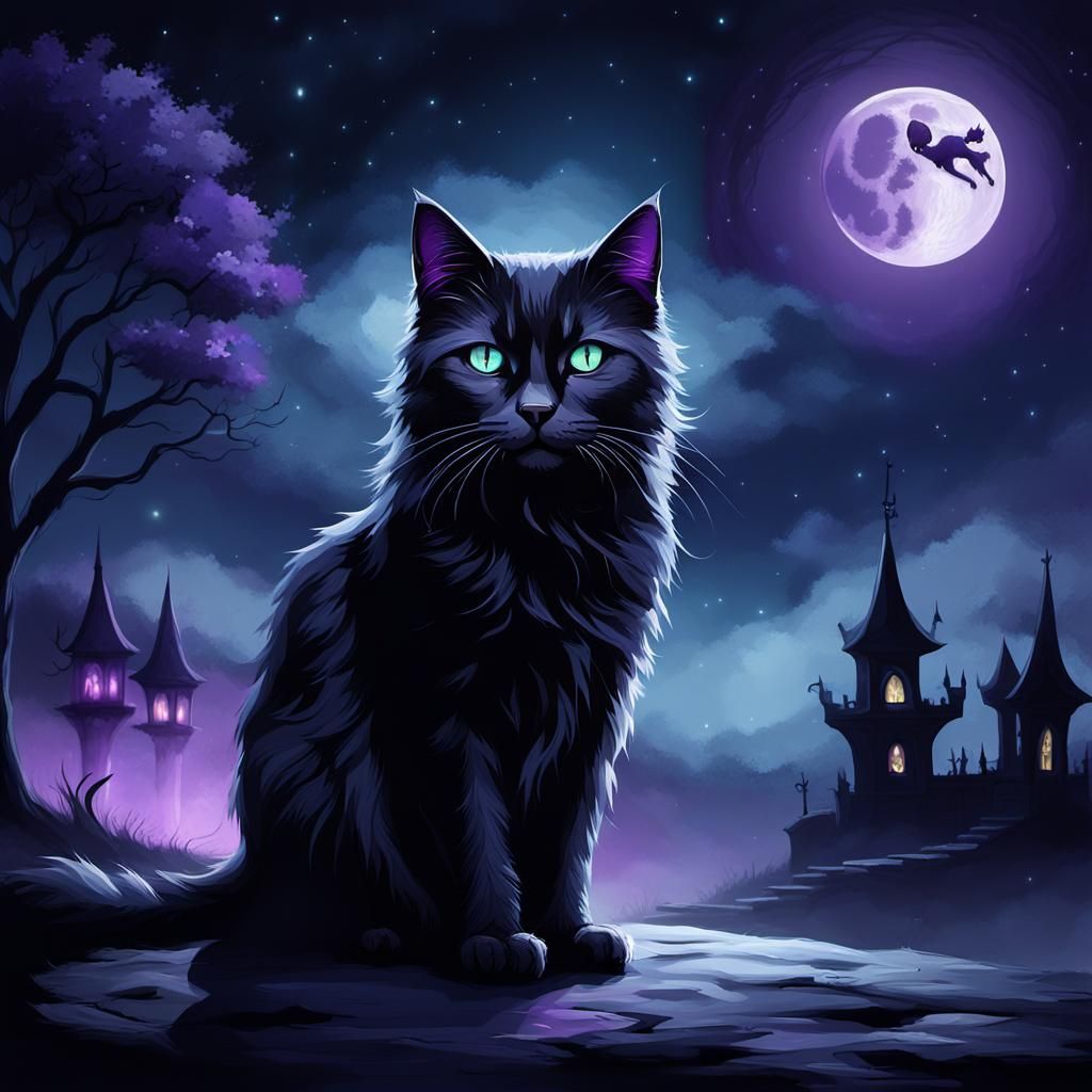 Black Cat Under Full Moon in Dark Fantasy Art