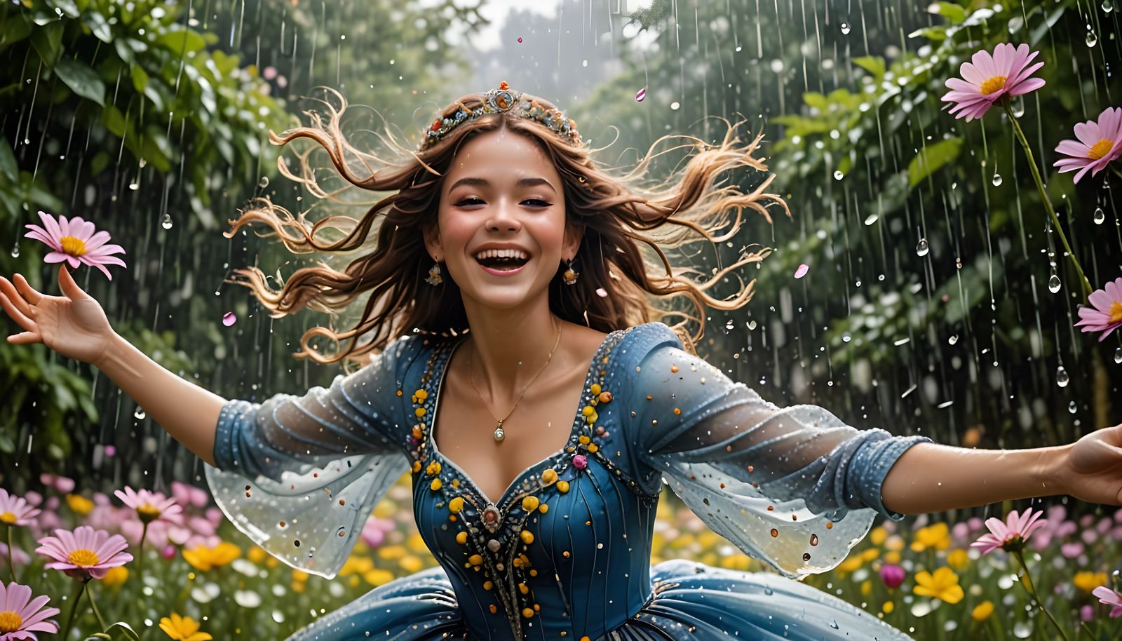 Princess Soaring Through Floral Rain