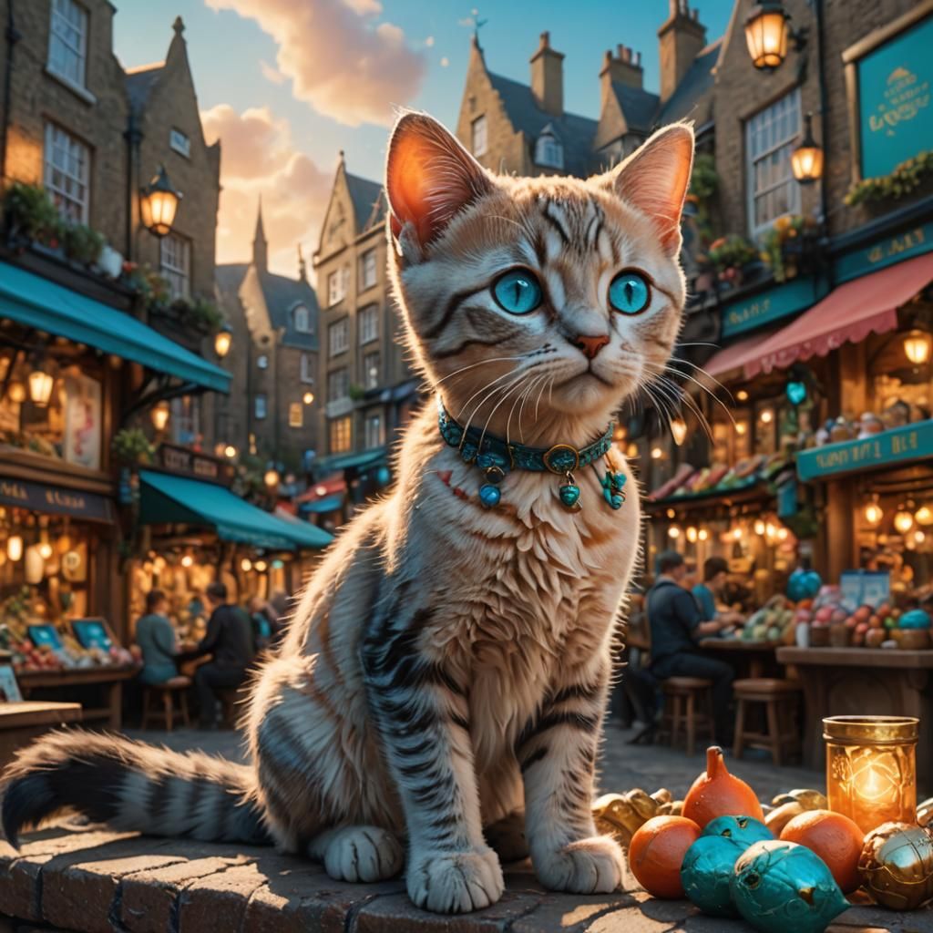 Fantasy Kitten in Miniature London Market Scene