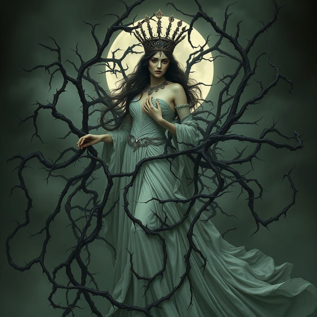 Regal Goddess Amidst Twisted, Mystical Thorns