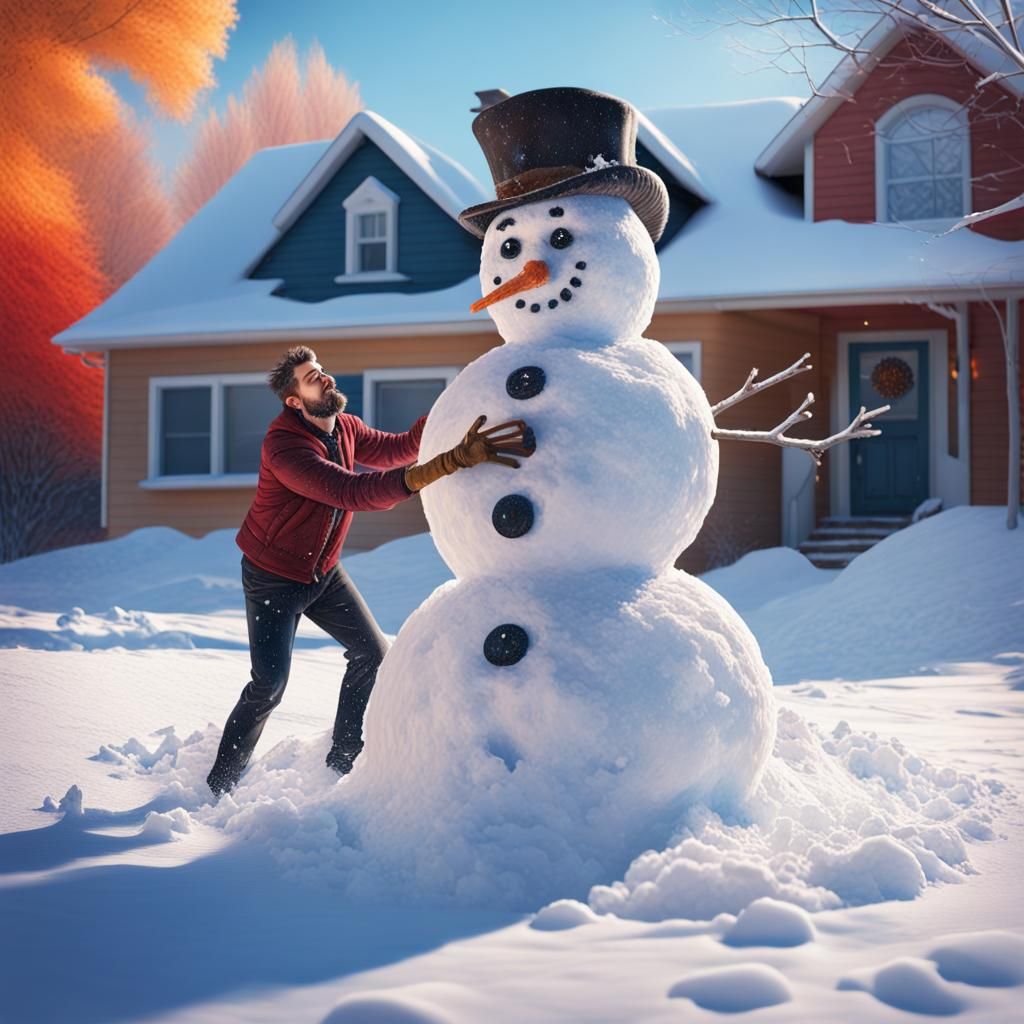 Snowman Shaved into Snow, Hyperrealistic Splash Art