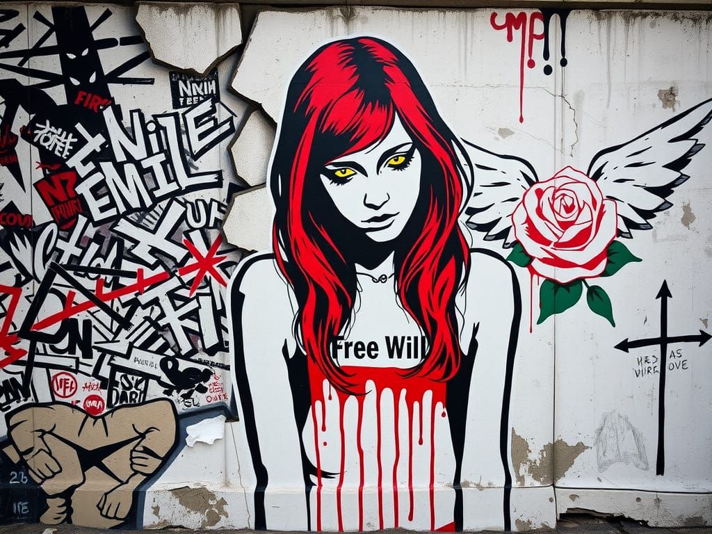 Banksy-Style Stencil Art: Woman with Glowing Eyes