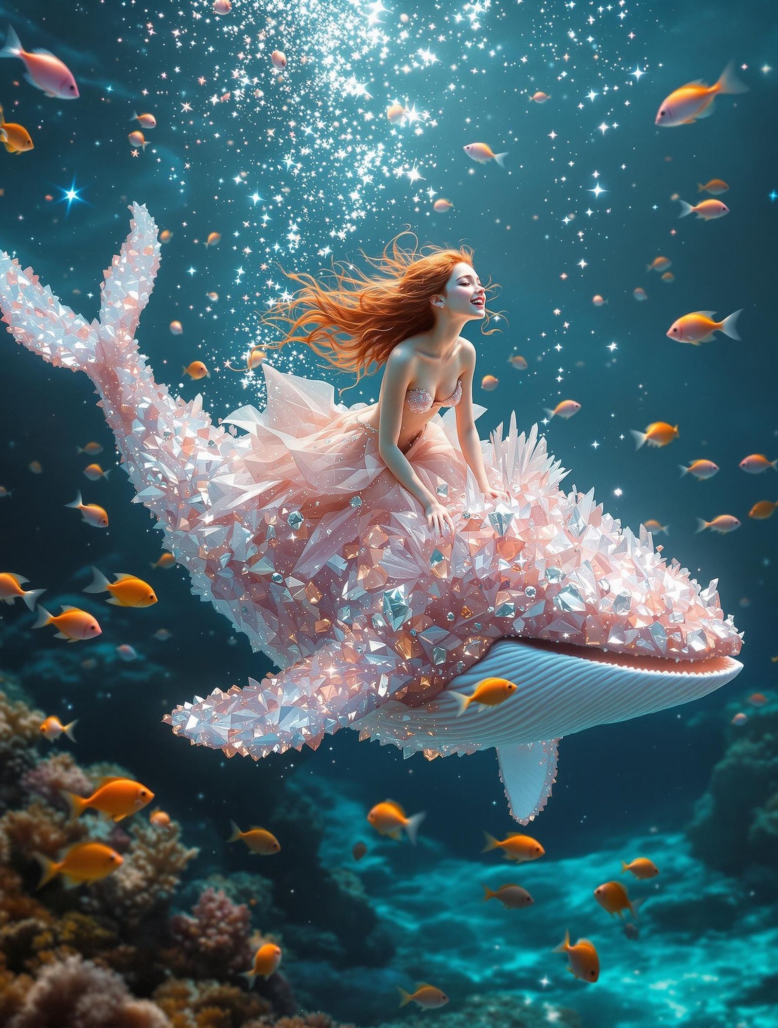 Ethereal Girl Riding Crystalline Whale Underwater
