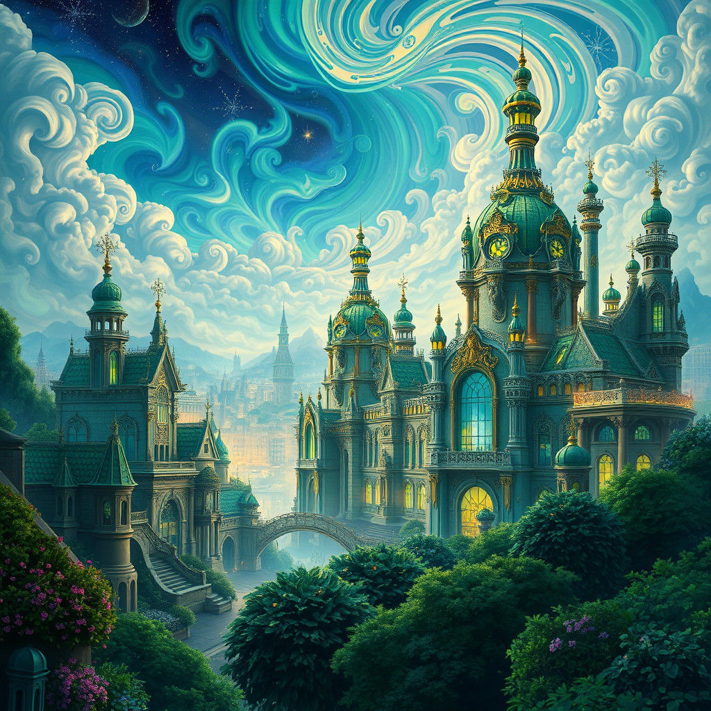 Emerald Cityscape: Rococo Futurism in Jade and Gold