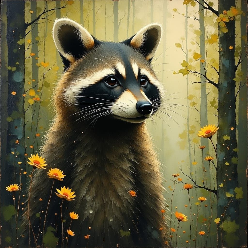 Raccoon in Forest: Hyperreal Divine Oil Painting