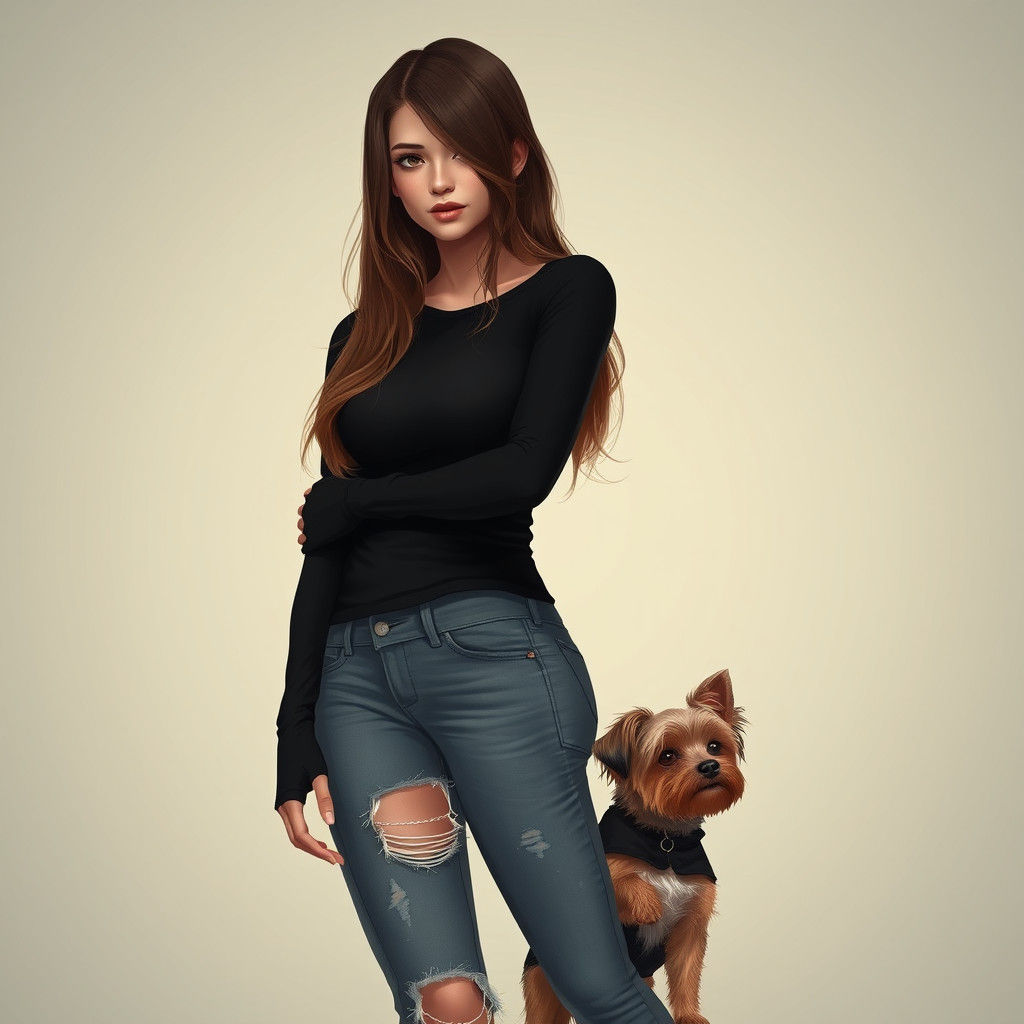 Confident Young Woman and Yorkshire Terrier, in a Style Blen...
