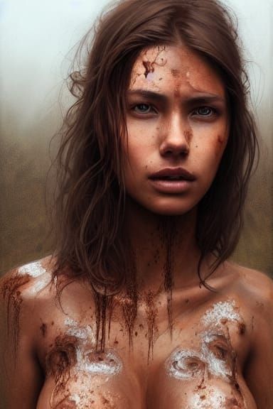 Mud-Covered Woman in Brown Bog: Hyperrealistic Digital Art