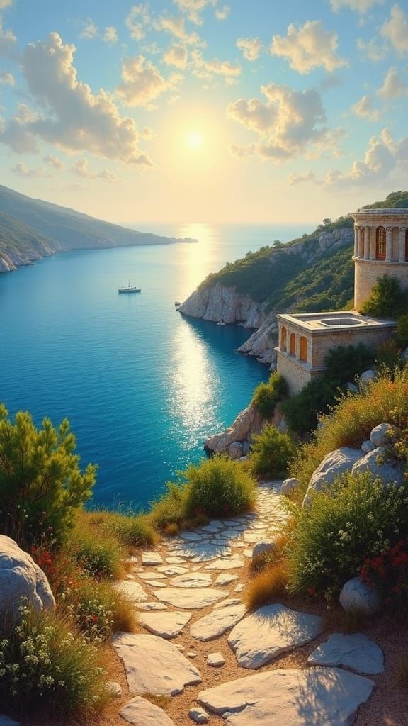 Picturesque Greek Isle Seascape in Oil Painting Style