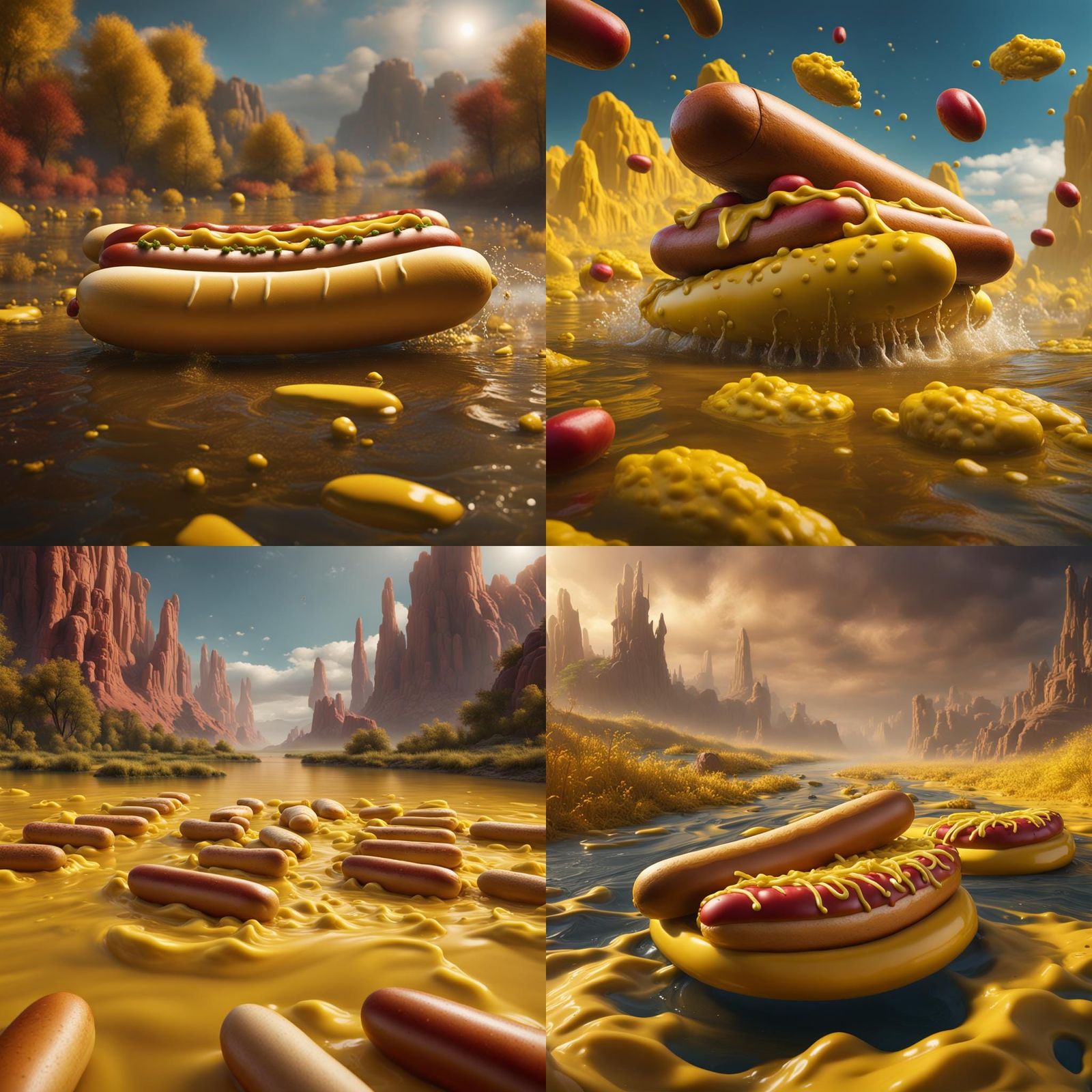 Hotdogs Float Down Mustard River: Fantasy Concept Art