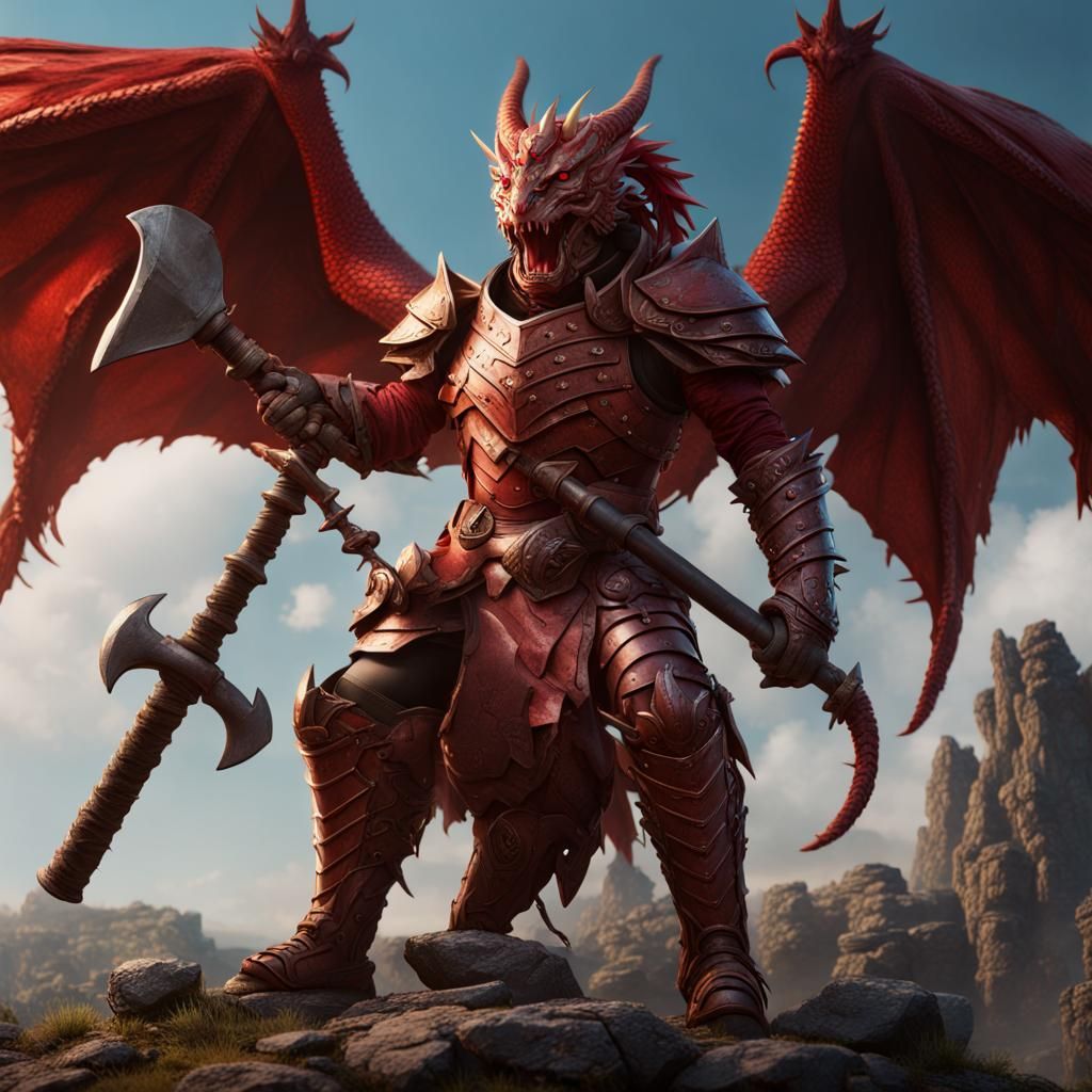 Armored Red Dragon Person with Hammer