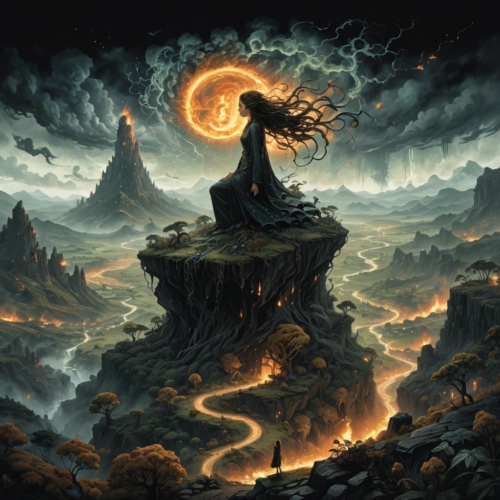 Mystical Woman in Eerie Valley Landscape