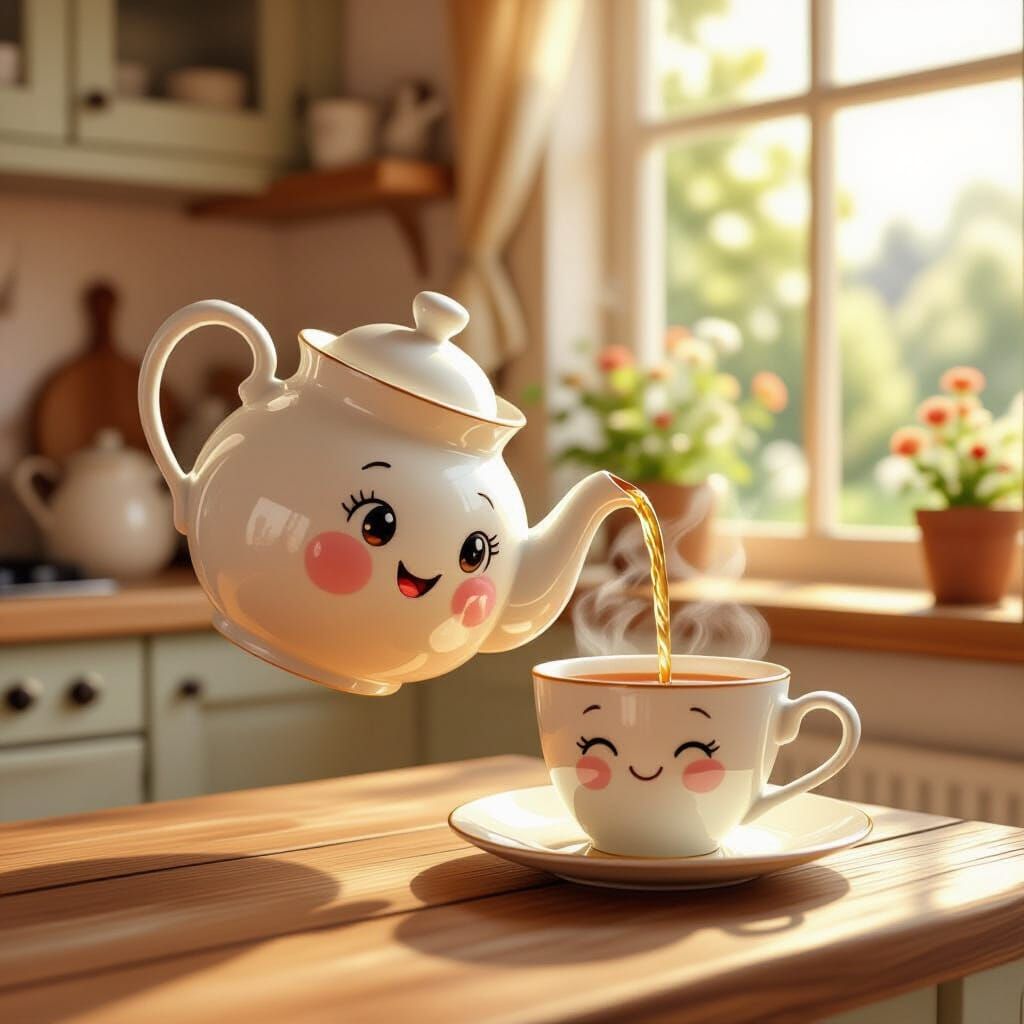 Whimsical Teapot and Cup Enjoying Tea in Sunlit Kitchen