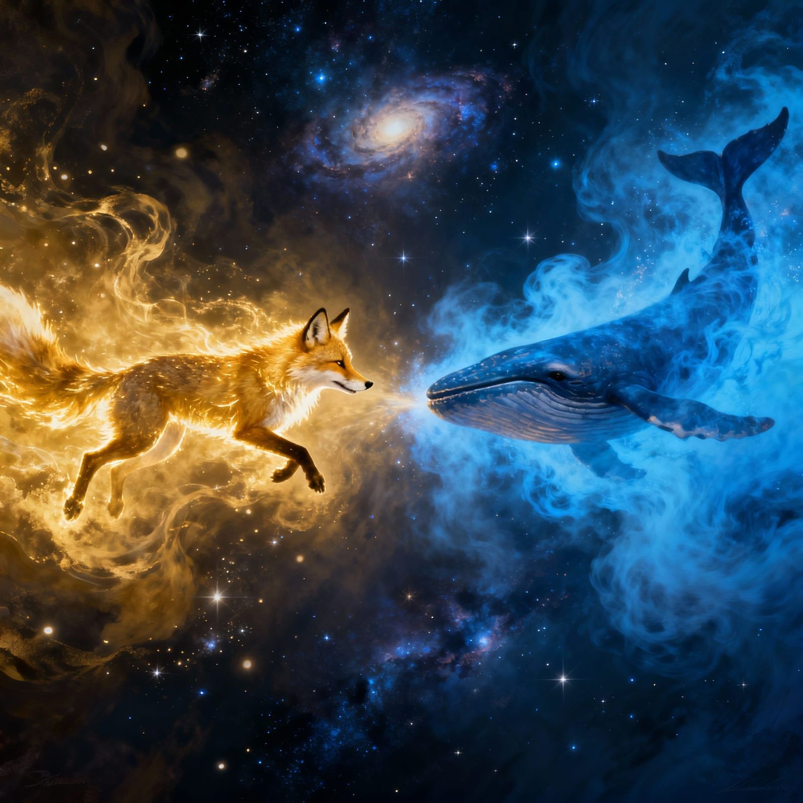 Golden Fox and Blue Whale Clash in Cosmic Digital Matte Pain...