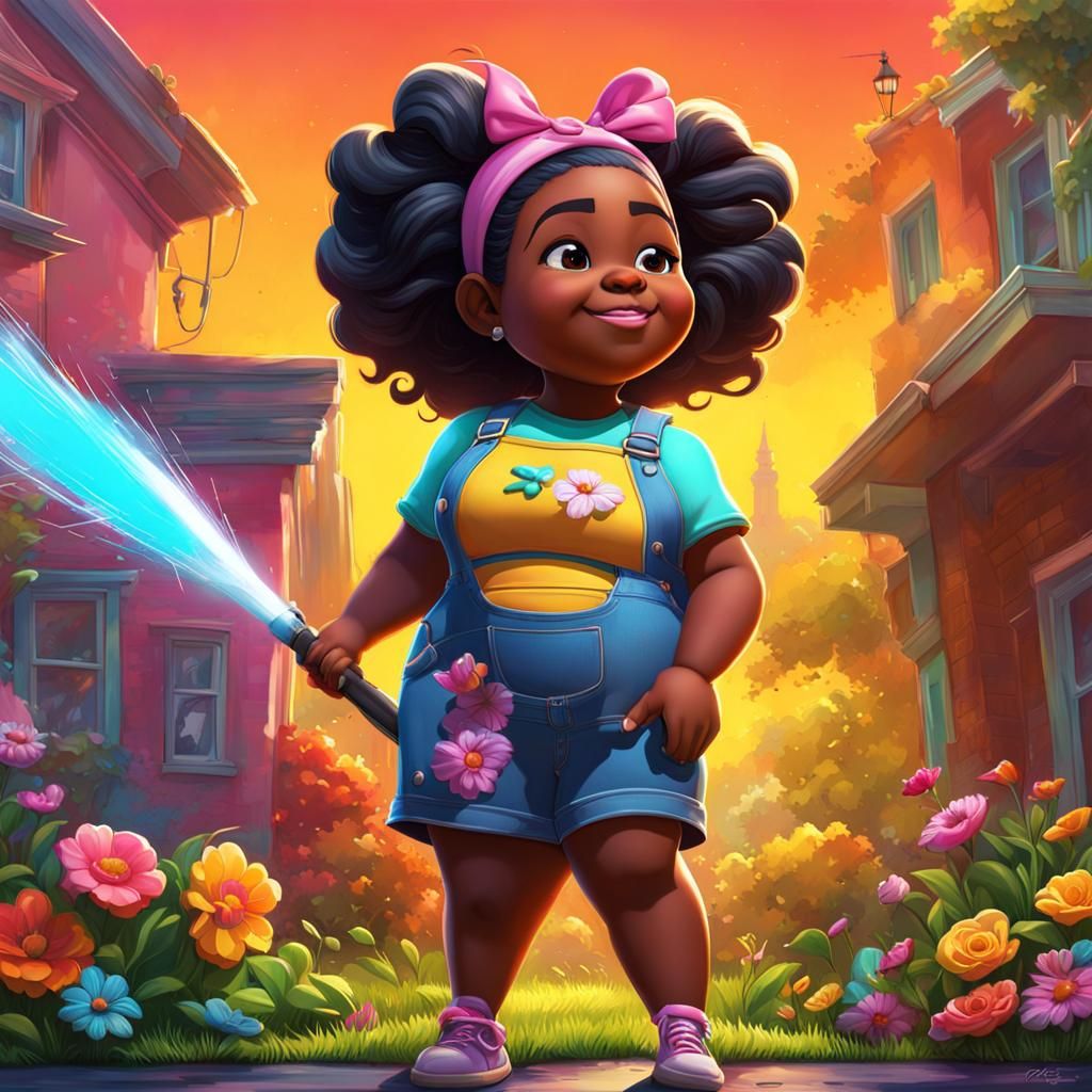 Girl Mowing Lawn in Graffiti Art Style