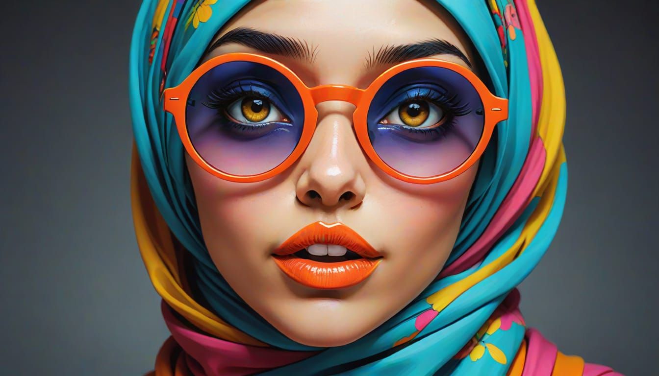Exaggerated Anime Woman with Hijab and Sunglasses