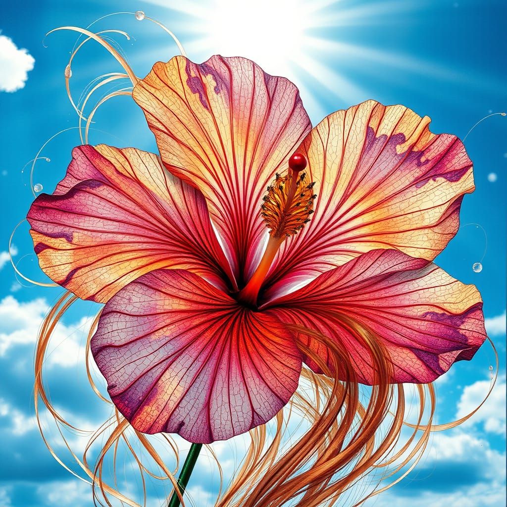 Photorealistic Hibiscus in Exquisite, Windblown, Golden Sple...