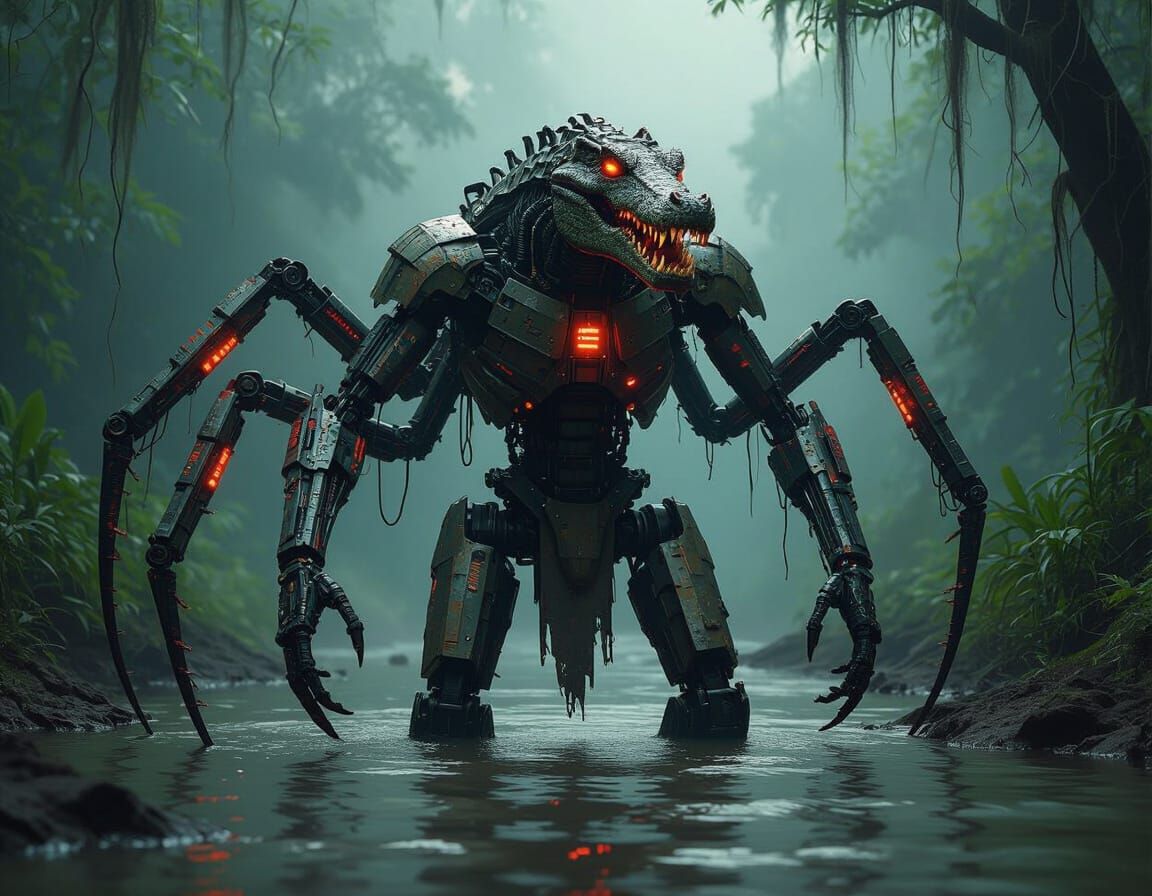Cybernetic Crocodile Cyborg in Dystopian Jungle