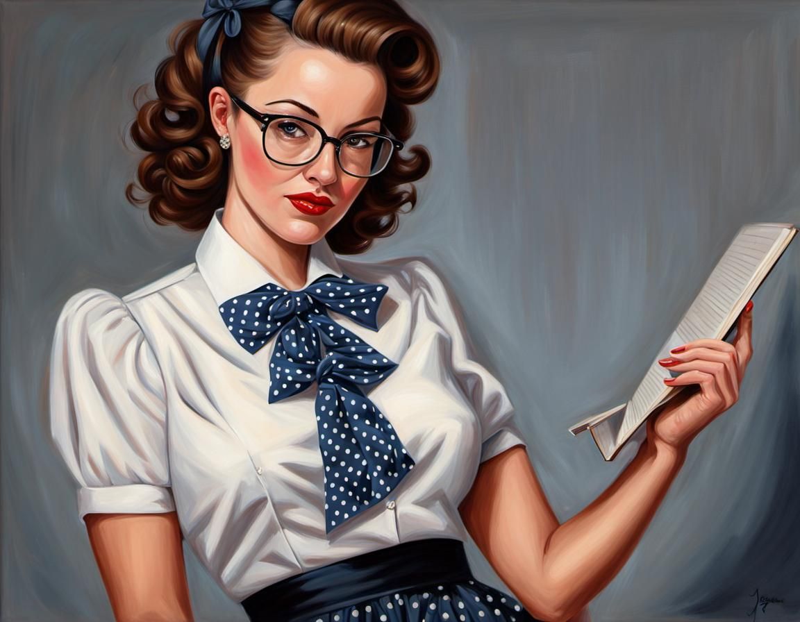 Polka Dot Librarian in Pinup Acrylic Style