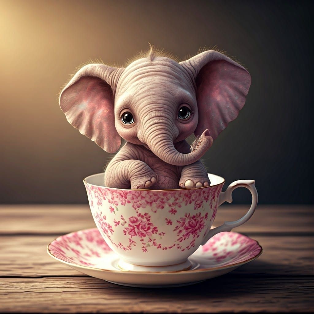 Baby Elephant in Teacup: Watercolor Illustration
