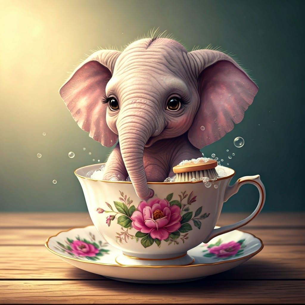 Baby Elephant Bathtime in Antique Teacup