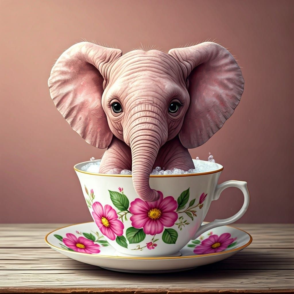 Baby Elephant Bathtime in Teacup, Watercolor Style
