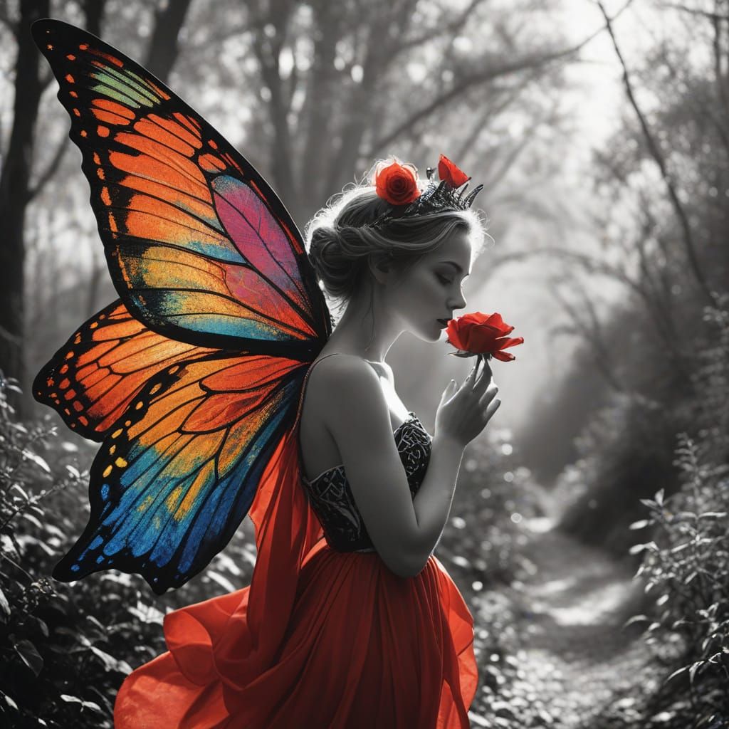 Surreal Fairy in Elegant Silken Gown with Dark Red Rose