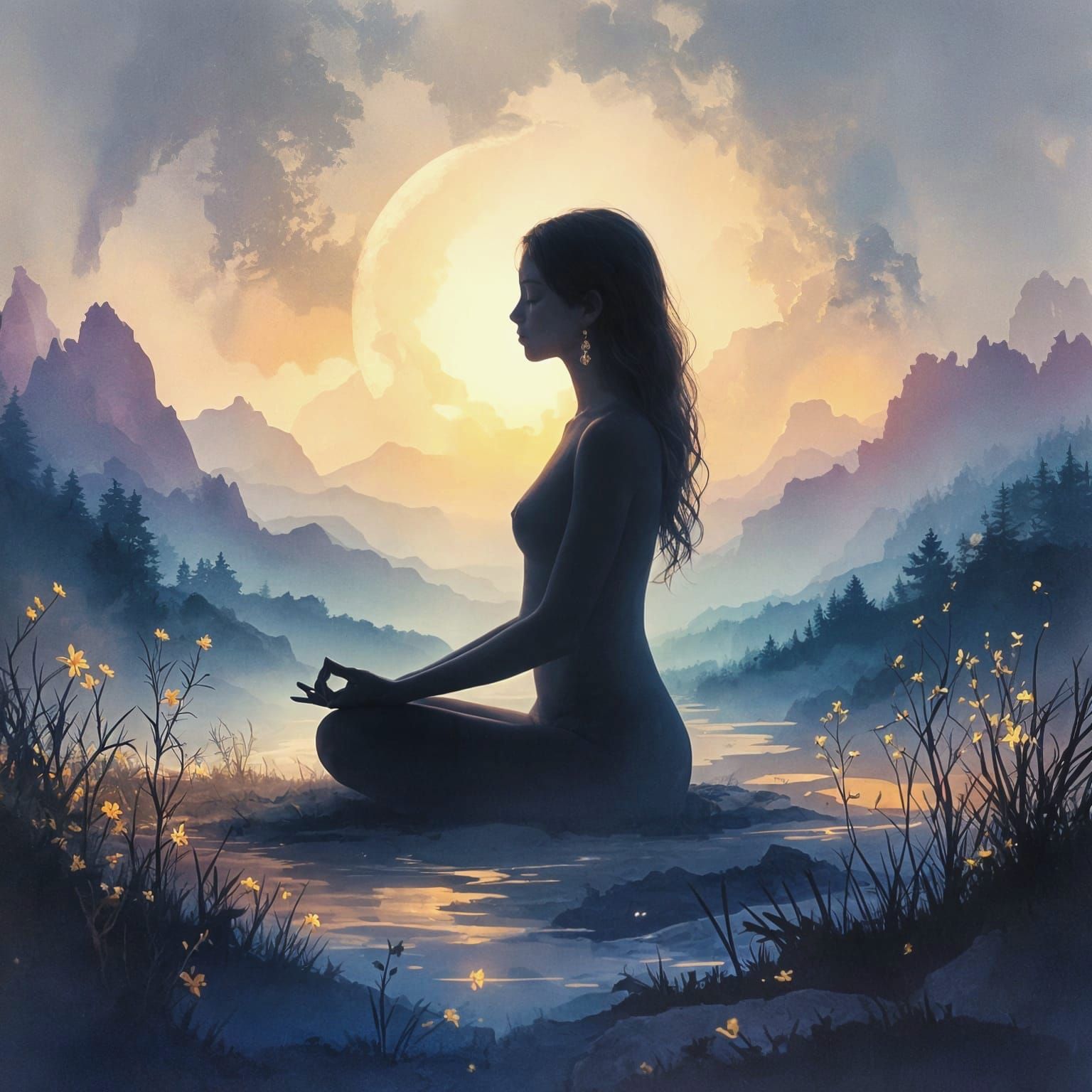 Ethereal Woman Meditating Blends into Painted Nature