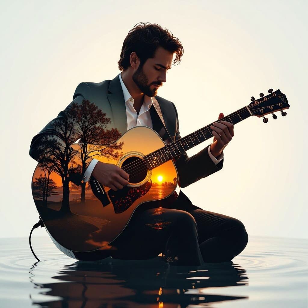 Silhouette Guitarist in Four Seasons Double Exposure
