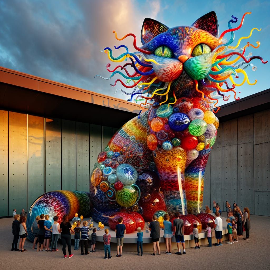 Rainbow Glass Cat Sculpture in Chihuly Style