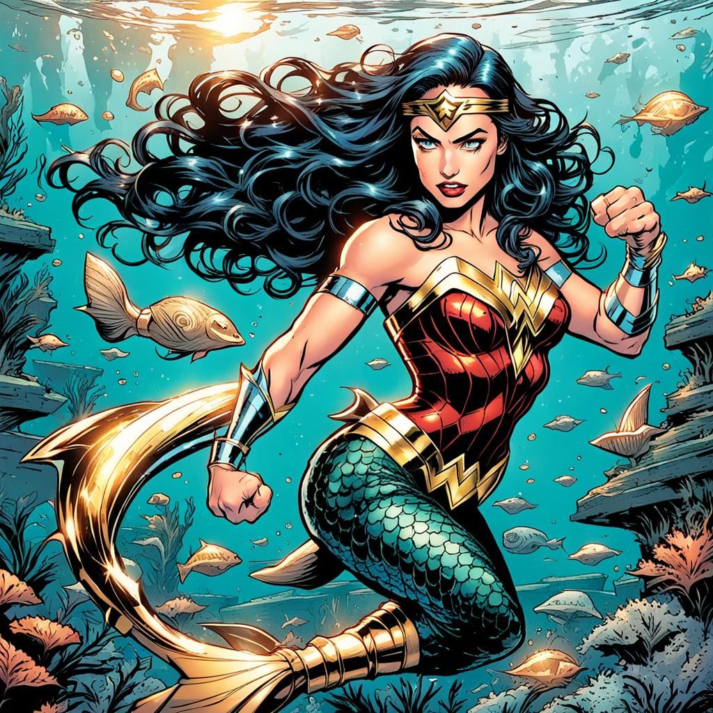 Wonder Woman as Mermaid in Comic Book Art Style