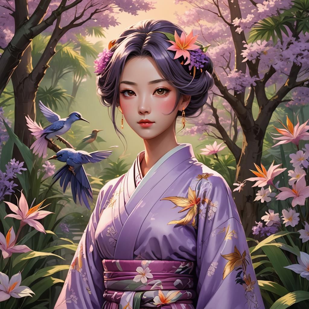 Anime Woman in Lavender Kimono with Birds of Paradise
