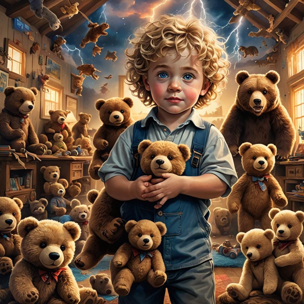 Boy with Bear in Toy-Filled Room, Detailed Digital Art