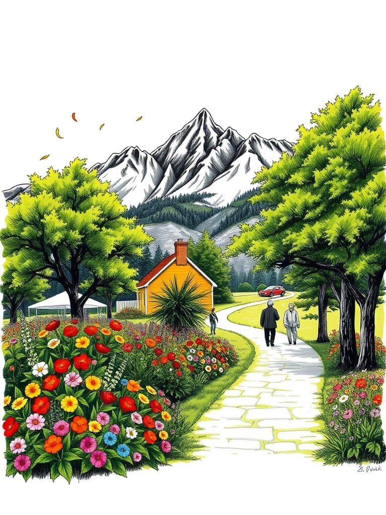 Vibrant Floral Garden Landscape in Expressive Black Ink