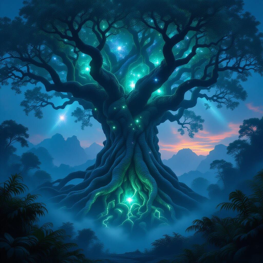 Ancient Jade Root Tree Amidst Cosmic Rainforest