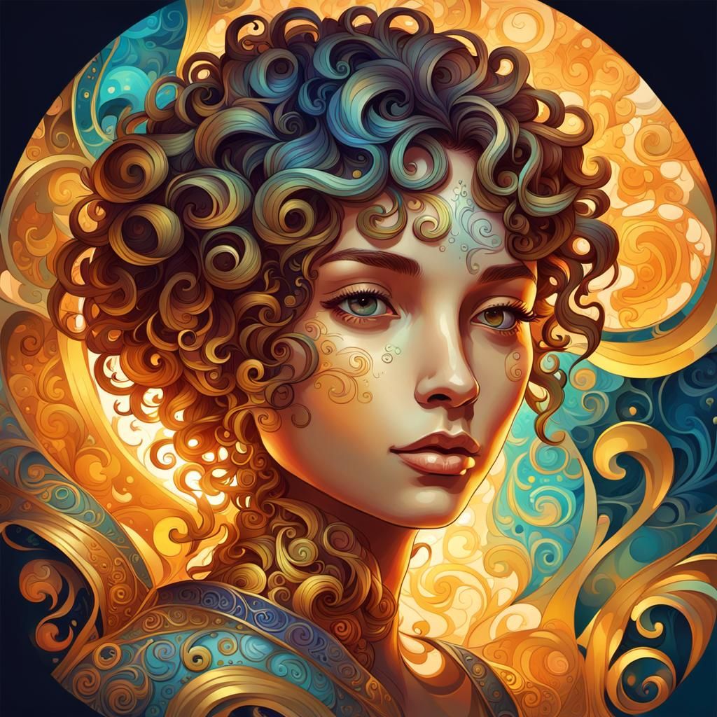Triadic Curly Hair Portrait in Art Nouveau Style