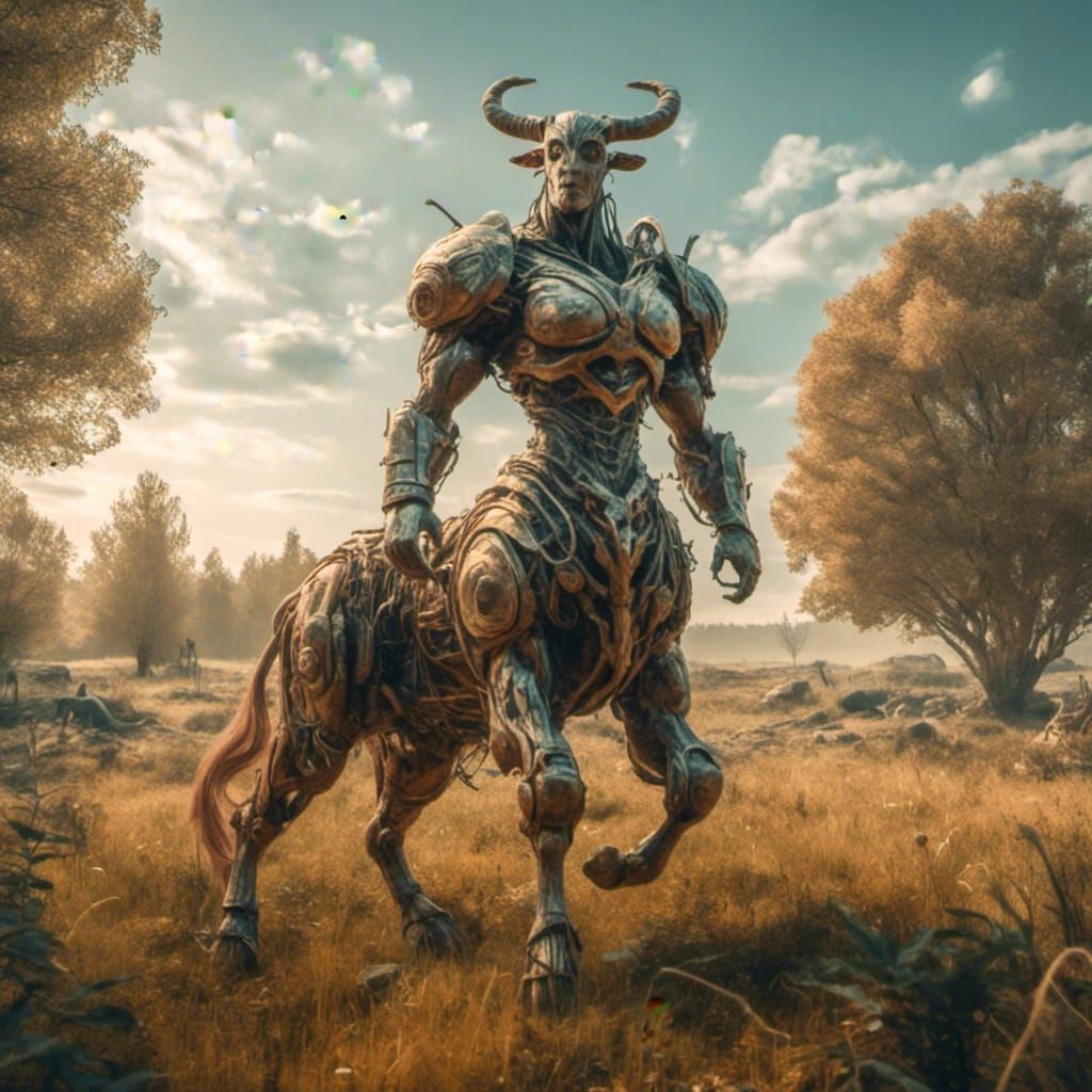 <lora:Lol Centaur:1.0> mythical Centaur standing in field